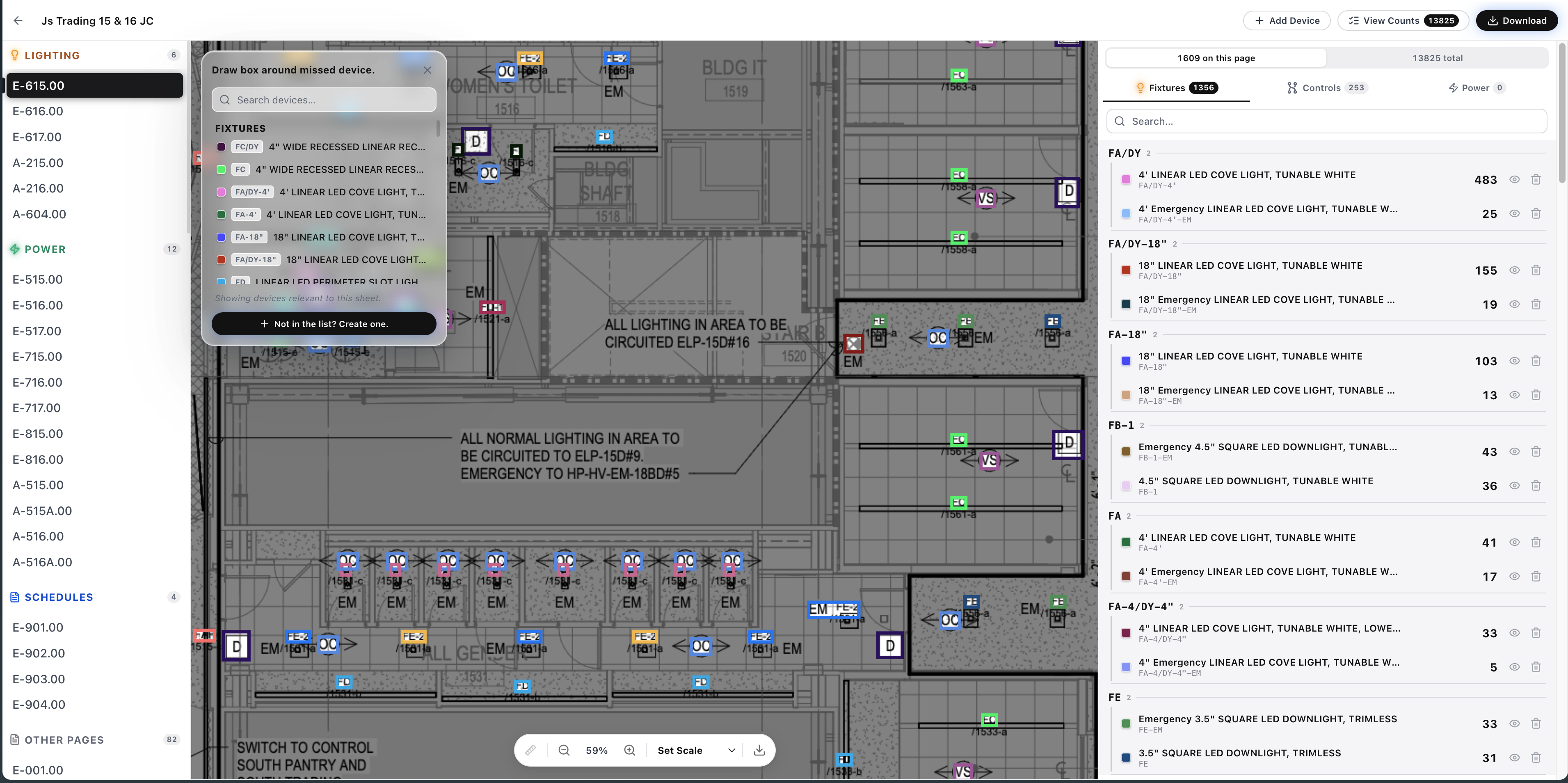 Bidflow takeoff review screen, showing lighting and power devices tagged and counted on a plan set